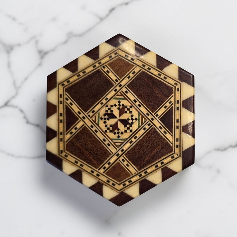 Hexagonal Wooden Jewelry Box with Red Velvet Interior - Picture 2 of 5
